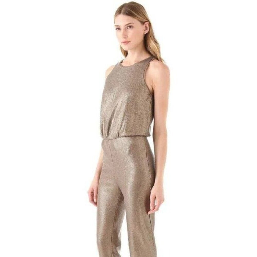 BCBGMaxAzria Gold Sequins Jumpsuit M Cocktail Party Holidays Lowe - Picture 3 of 16